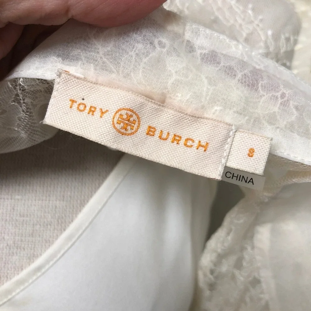Tory Burch Lace Blouse Womens 8 Ivory Pussy Bow Sheer Pleated Contrast Cuff